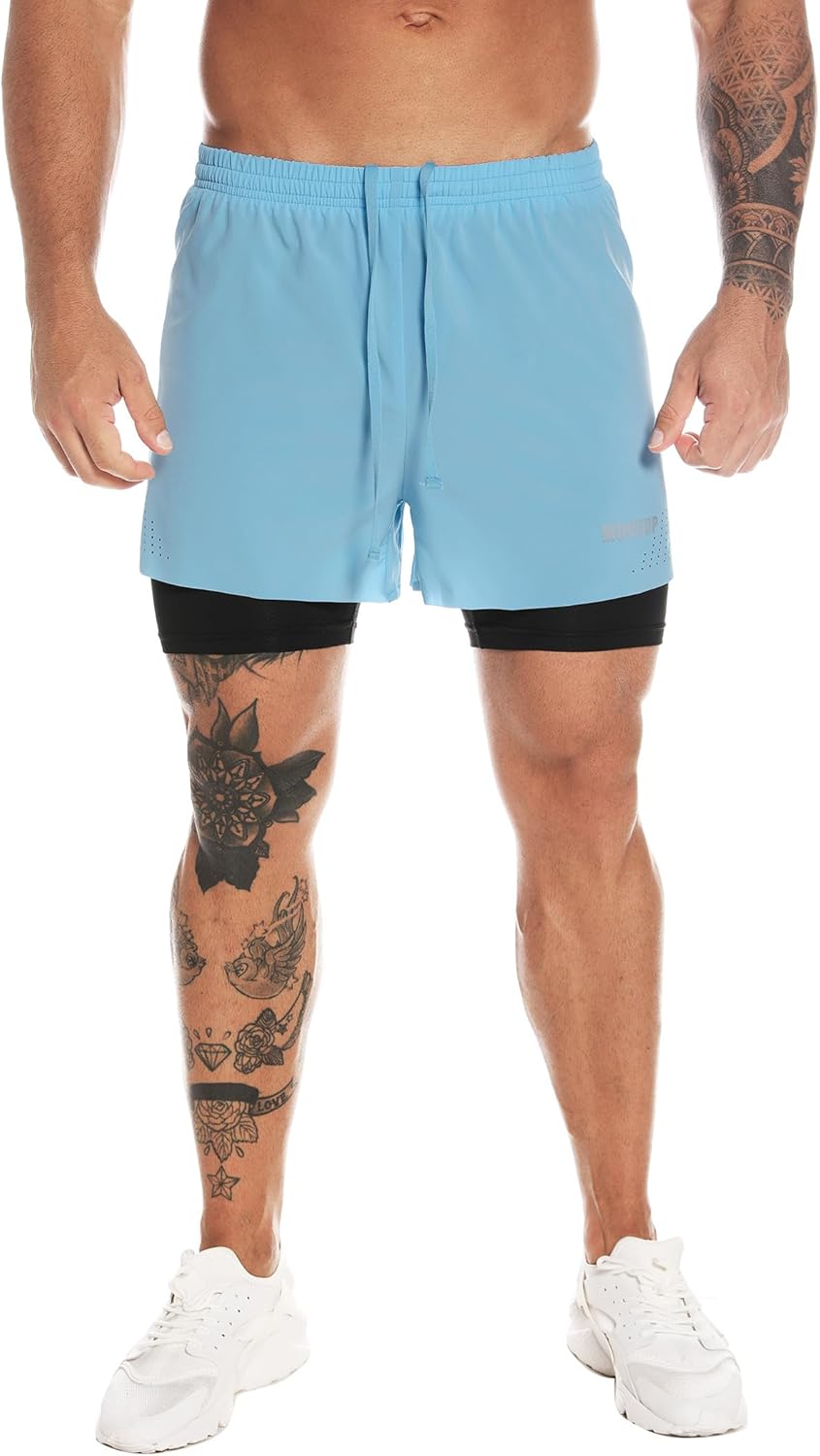 Men's 2 in 1 Workout Running Shorts 5" Quick Dry Athletic Shorts Lightweight Gym Training Short for Men with Phone Pockets