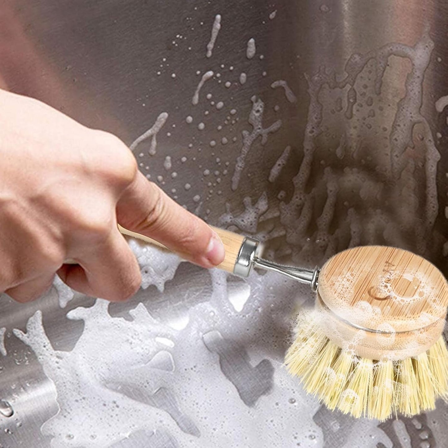 Bamboo Dish Brush with Handle 4 Replacement Heads - Soft Bristles Brosse Vaisselle, Natural Dish Scrubber, Compostable & Sustainable, Vegetable Brush for Cleaning Kitchen Utensils