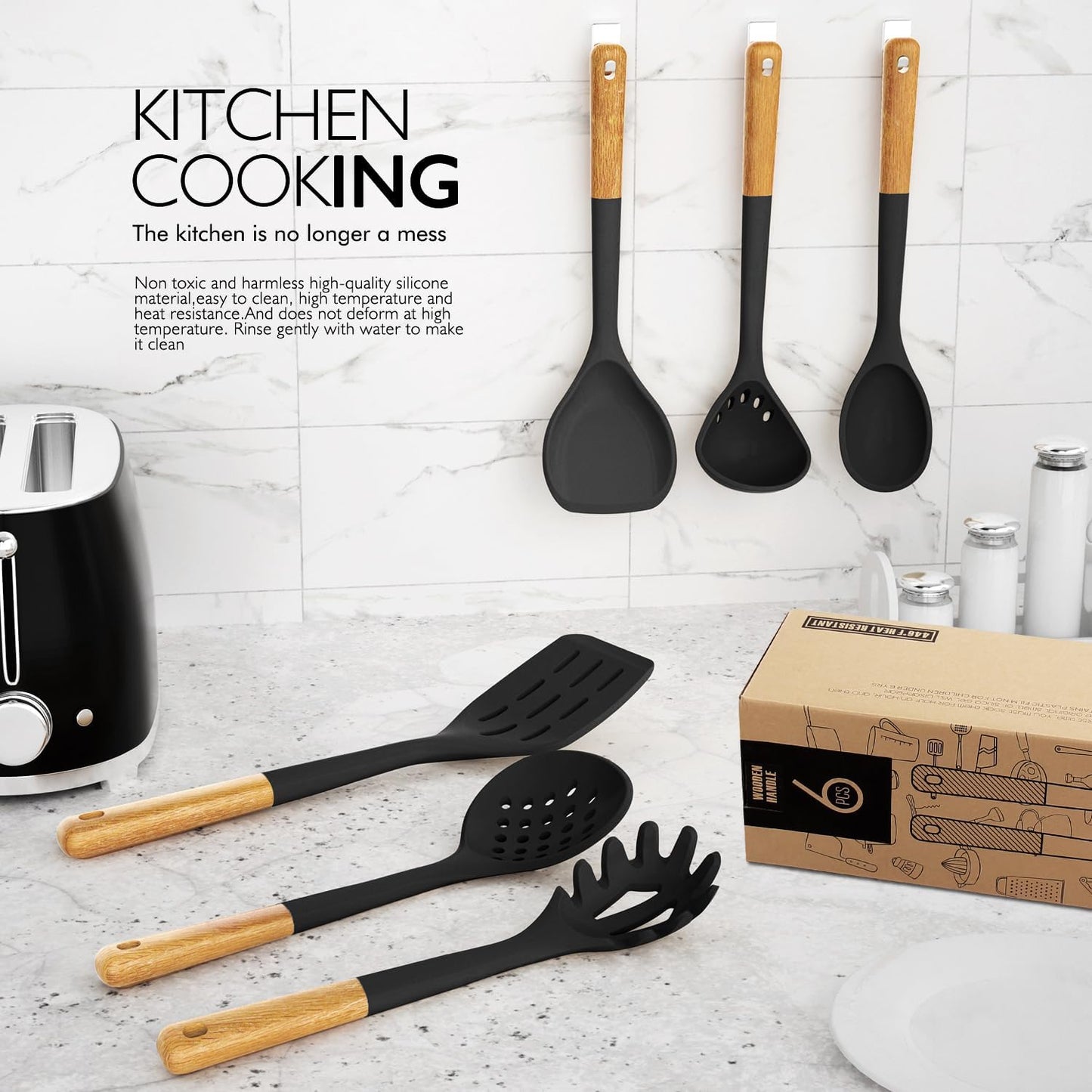Silicone Cooking Utensils - Kitchen Utensil Set with Holder,Slotted/Solid Spoon,Turner,Spatula,Pasta Server,Deep Soup Ladle,Wooden Handles Kitchen Gadgets Tools Set,Non-Stick Cookware Friendly (Grey)