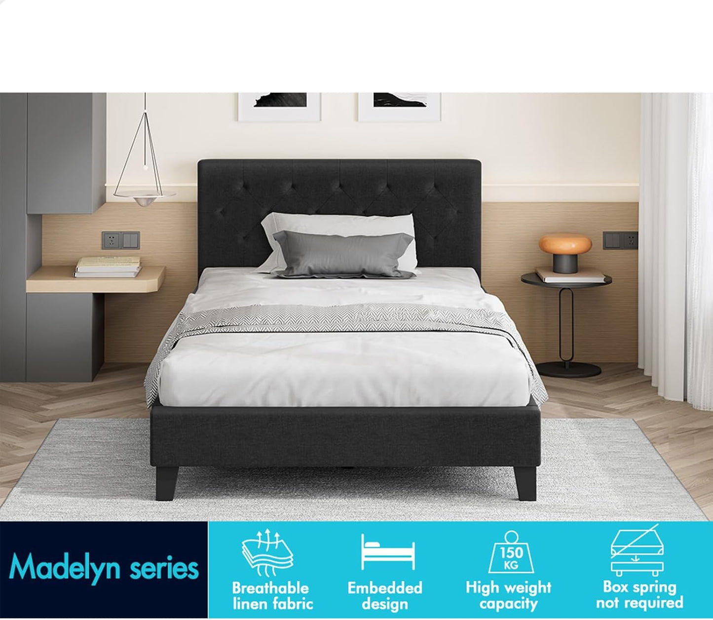 ALFORDSON Bed Frame Base Single Size, Bed Platform Foundation with Linen Fabric Upholstered Tufted Headboard for Mattress Topper, Madelyn Fabric Charcoal
