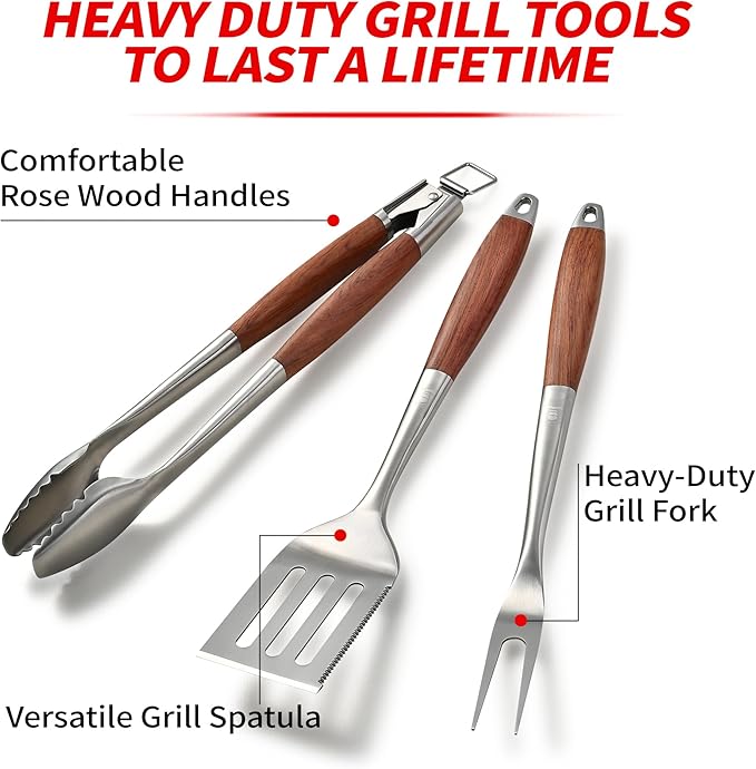 Heavy-Duty Rose Wooden BBQ Grilling Tools Set. Extra Thick Stainless Steel Multi-Function Spatula, Fork & Tongs | Essential Accessories for Barbecue & Grill. Ideal Gift for Fatherโฆ
