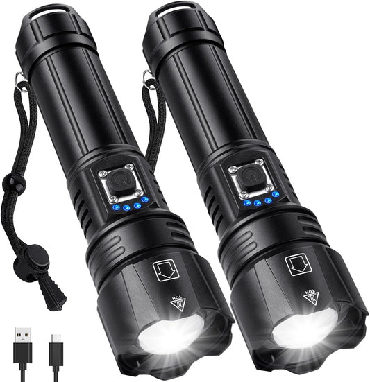 2 Pcs Rechargeable Flashlight, Super Bright Led Flashlight with Irradiation Distance of 3600Ft, 5 Modes, Waterproof IP6 Tactical Flashlight, Suitable for Camping, Climbing, Walking Dogs