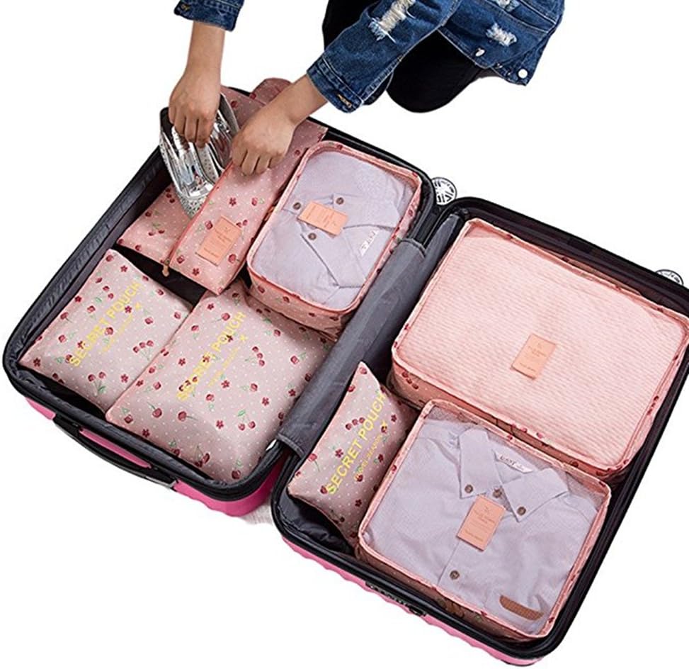 Travel Cubes Set, 7 Pieces Suitcase Organizer Bags, Compression Bags for Clothes, Cherry C 1, 7 Sets, multicoloured