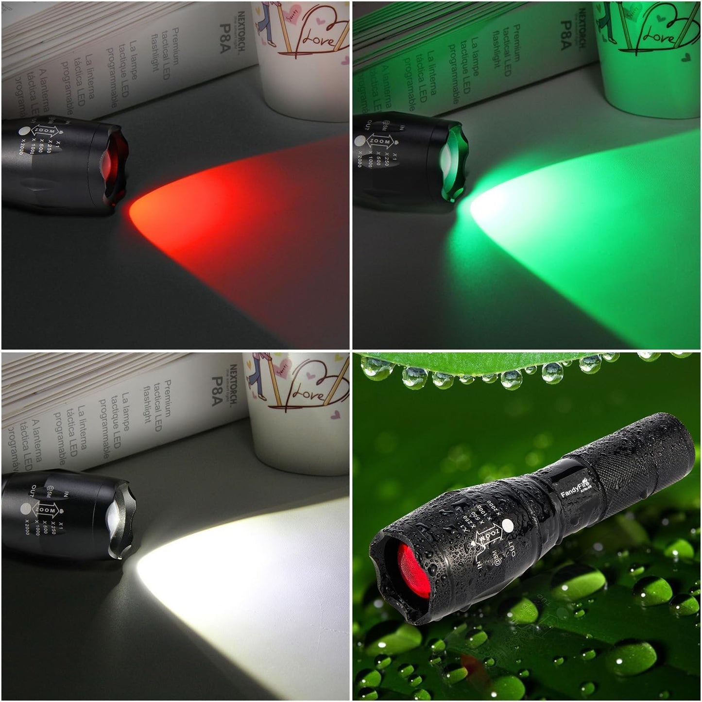 FandyFire A100 Tactical Flashlight: 900 Lumens 5 Modes Versatile 3-in-1 LED Hunting Light with Interchangeable RED & Green Glass Lens