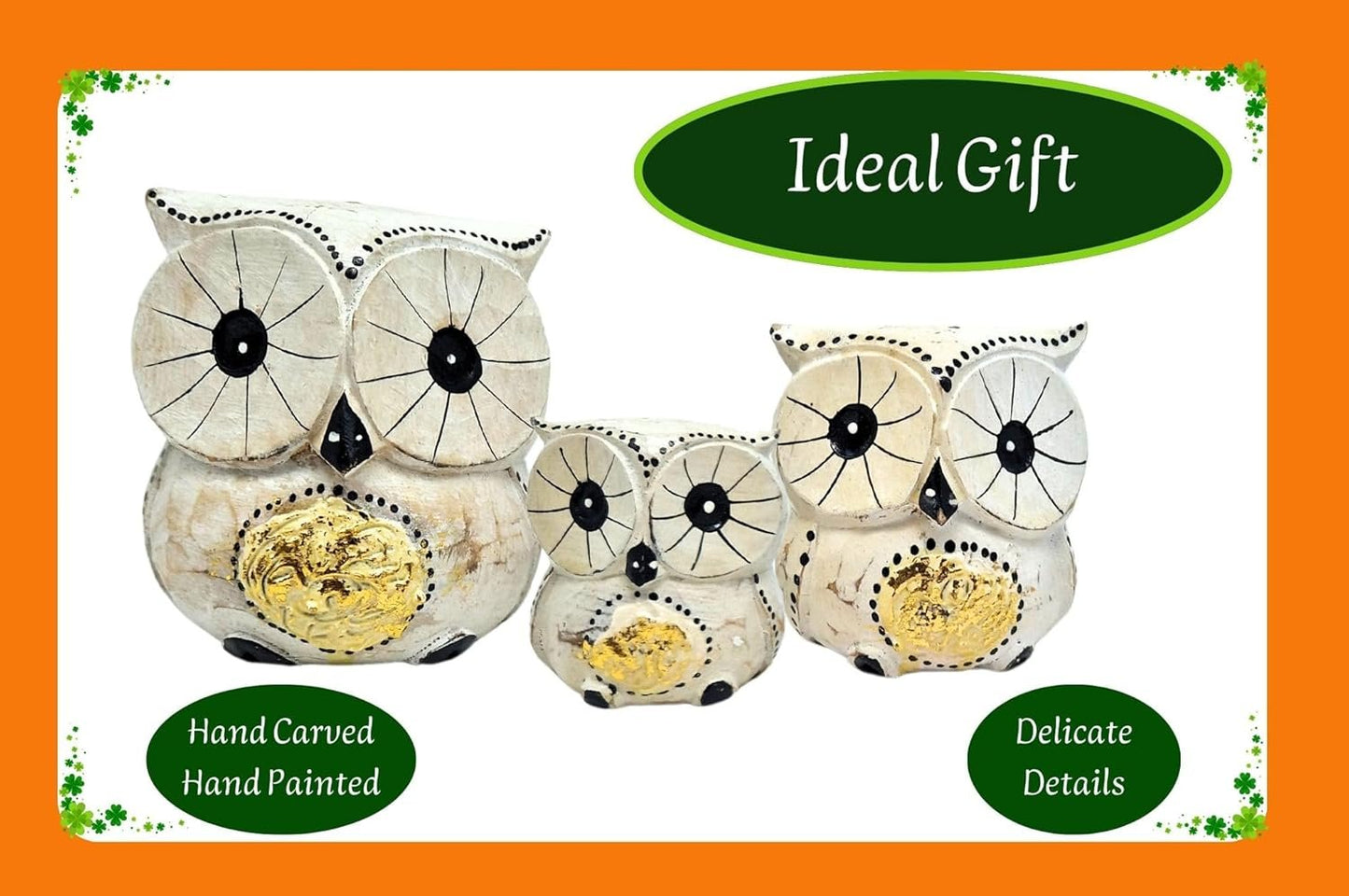 SusggO - Set of 3 Wooden Owls Decoration Hand Carved Lucky Owl Art Furniture Decoration (White Gold Details)