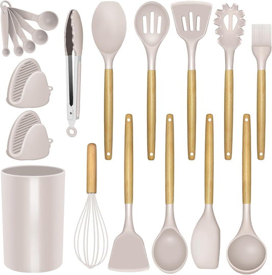 Silicone Kitchen Cooking Utensils Set - Heat Resistant/Non-stick/Non Toxic/BPA Free Silicon Spoons Spatula Whisk Tongs Wooden Handle Kitchen Gadgets Utensil Set with Holder (Khaki)