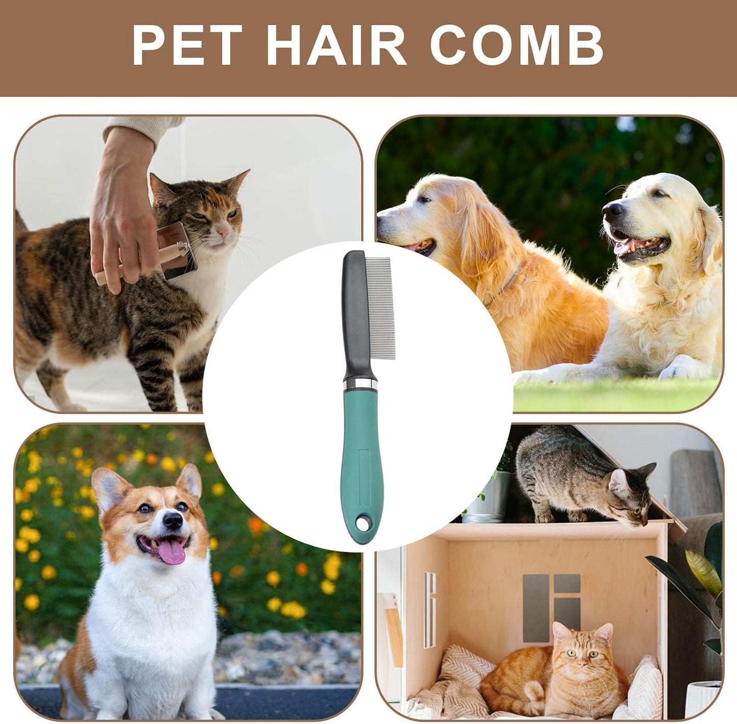 Cat Flea Comb, Professional Grooming Brush, Stainless Steel Pet Comb, Tooth Design, Multifunctional Detangling Tool, Daily Care for Cats & Puppies, 10,59 x 3,15 x 1,18 Inches, Green