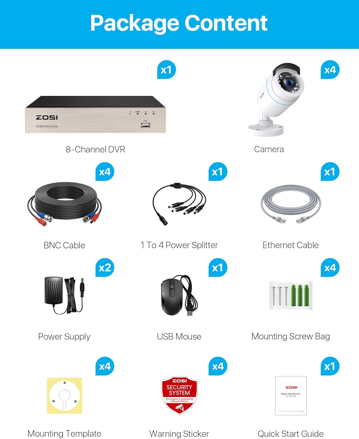ZOSI 1080P Video Surveillance Kit, 8CH H.265+ DVR with 4X Outdoor Surveillance Cameras, 24 IR LEDs Night Vision, Motion Detection, Email Alert, IP66 Waterproof, No HDD, White