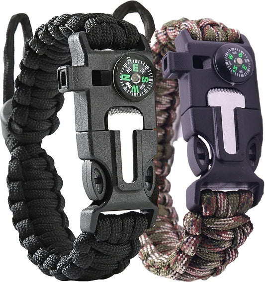2 Pack Adjustable Paracord Bracelets Kit, Ourtdoor Survival Bracelets Gift with Firestart Whistle Loudest Camping Compass