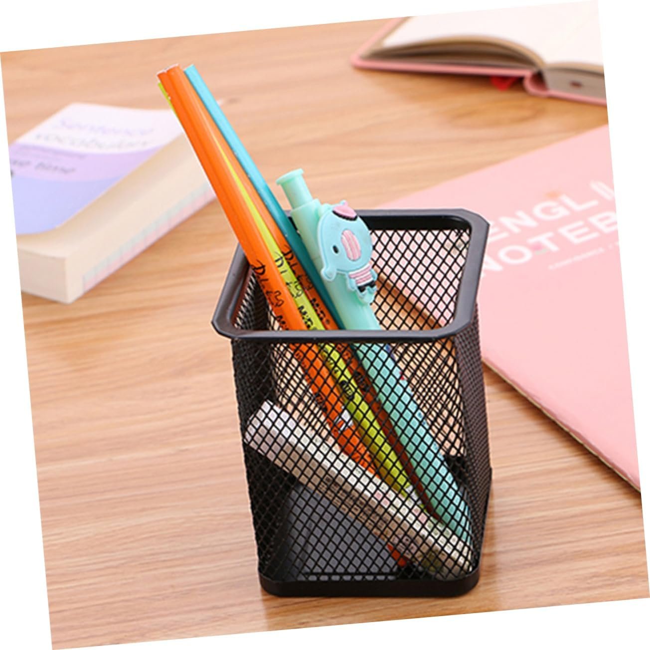 Tofficu 2 Pcs Black Iron Mesh Pen Holder Cylinder Cuboid Design for Office Organization Stylish Desk Storage for Home School and Workspaces