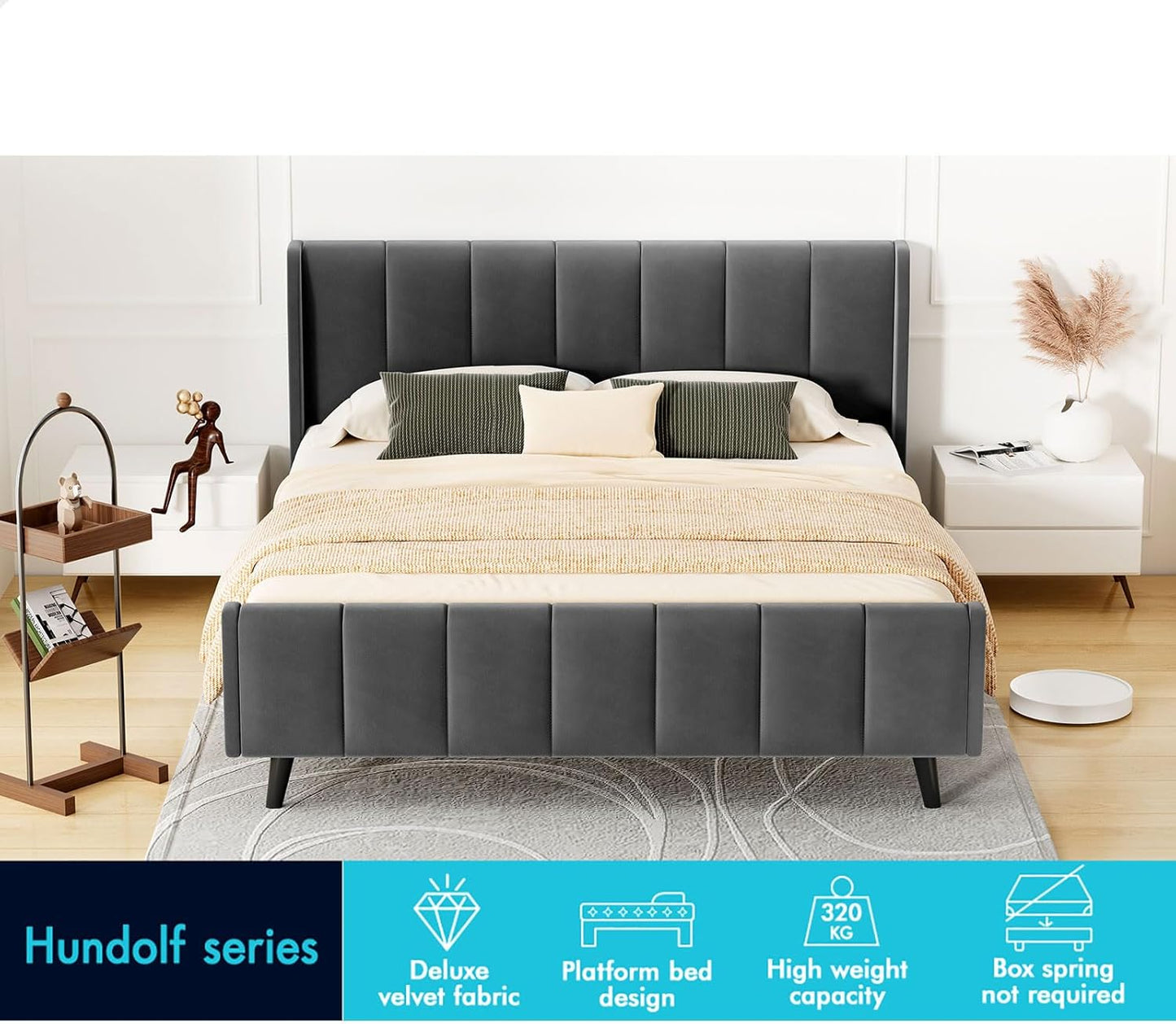 ALFORDSON Bed Frame Base Double Size with Headboard, Bed Platform Foundation with Velvet Fabric Upholstered for Mattress Topper, HUNDOLF Series Velvet Grey