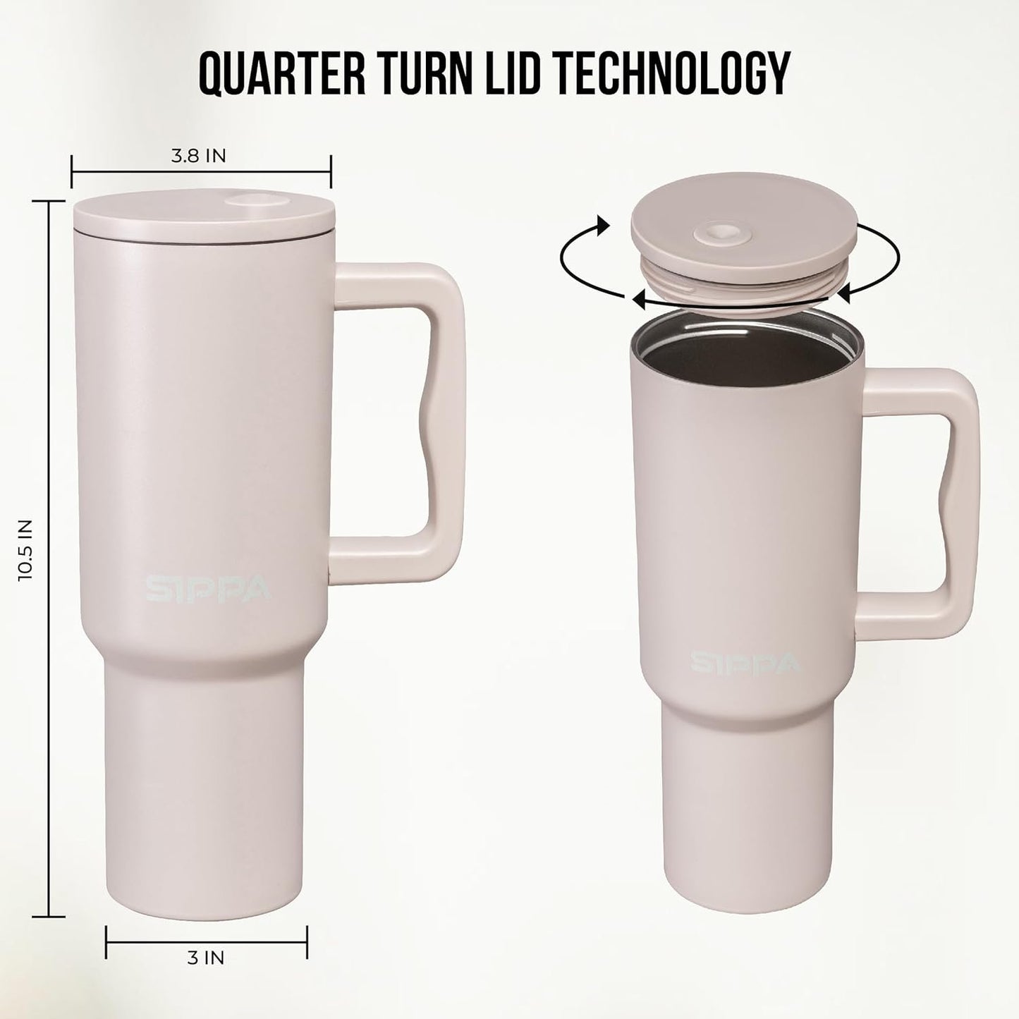 SIPPA Insulated Tumbler with Handle AKA Gobelet Isotherme, Double Wall Vacuum Tumbler with Straw and lid, Reusable Stainless Steel Water Bottle with Handle, Leak Proof Tumbler for Iced Coffee (Cream)