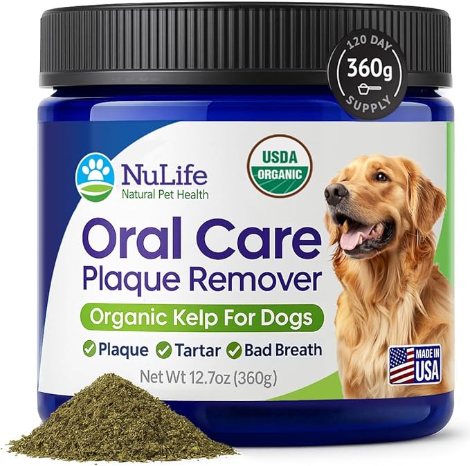 NuLife Natural Pet Health Dog Teeth Cleaning Powder, Dog Plaque and Tartar Remover, Bad Breath Treatment for Dogs with USDA Organic Sea Kelp Powder, Dog Dental Care Made Easy, for All Ages, 12 oz