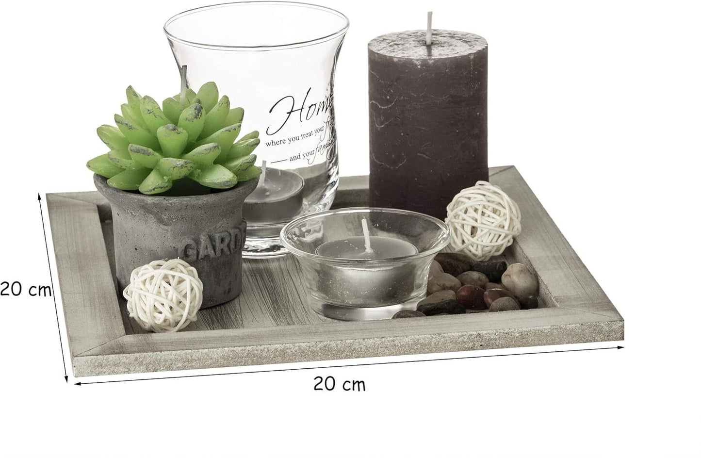 out of The Blue kg Decorative Items/Square Plate in Natural Wood with Candle Holder, Candles and Decorative Stones