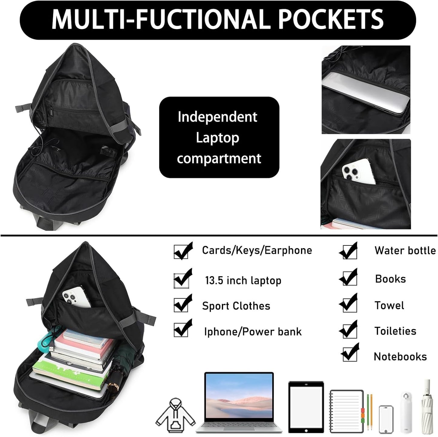 BESMART Travel Laptop Backpack for Women in 3 Size,TSA Fridendly Backpack fits 13.5/15.6/17.3 inch Laptop with USB Charging Port, Lightweight College Backpack for Hiking/Sport/Outdoor
