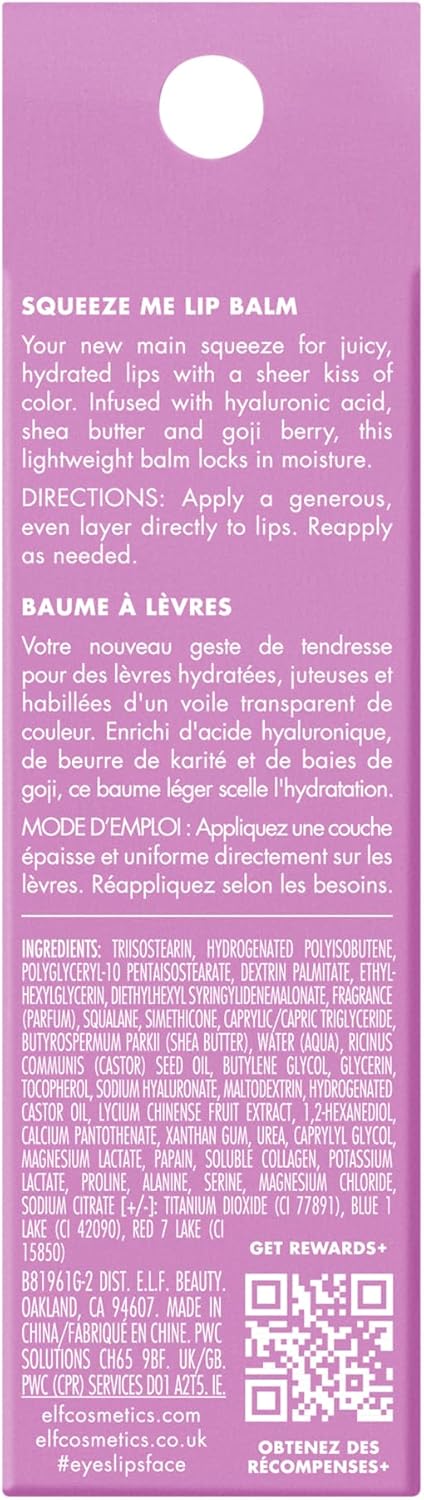 e.l.f. Squeeze Me Lip Balm, Moisturizing Lip Balm with Sheer Tint Infused with Hyaluronic Acid, Vegan & Cruelty Free, Grape