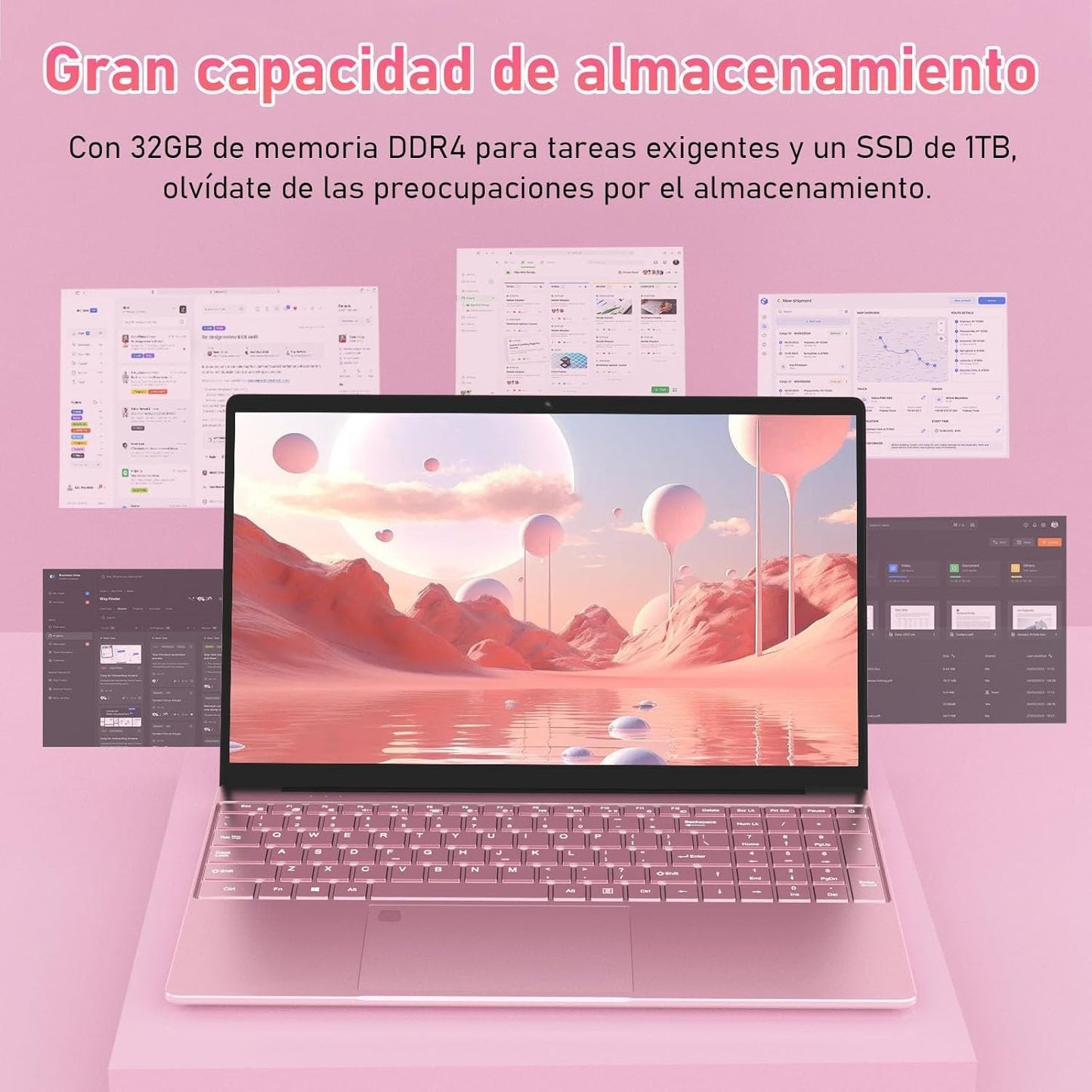 Auusda 15.6 Inch Full HD Laptop, 32GB DDR4 RAM 1TB SSD, N95 Up to 3.4GHz with Fingerprint Unlock Notebook, Cooling Fan, Webcam, Dual Speakers, Mini HDMI, Student/Business Laptop - Pink