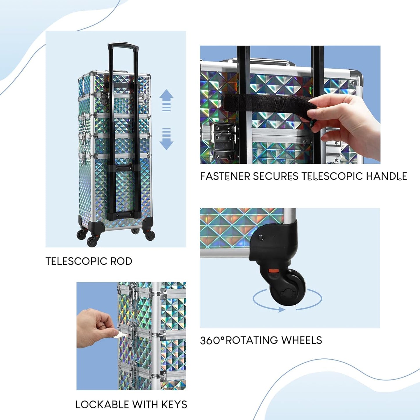 Stagiant Rolling Makeup Case Cosmetology Case on Wheels 4 in 1 Makeup Travel Case Large Cosmetic Organizer Storage with Key Swivel Wheels Nail Artist Salon Traveling Cart Trunk Watery Blue