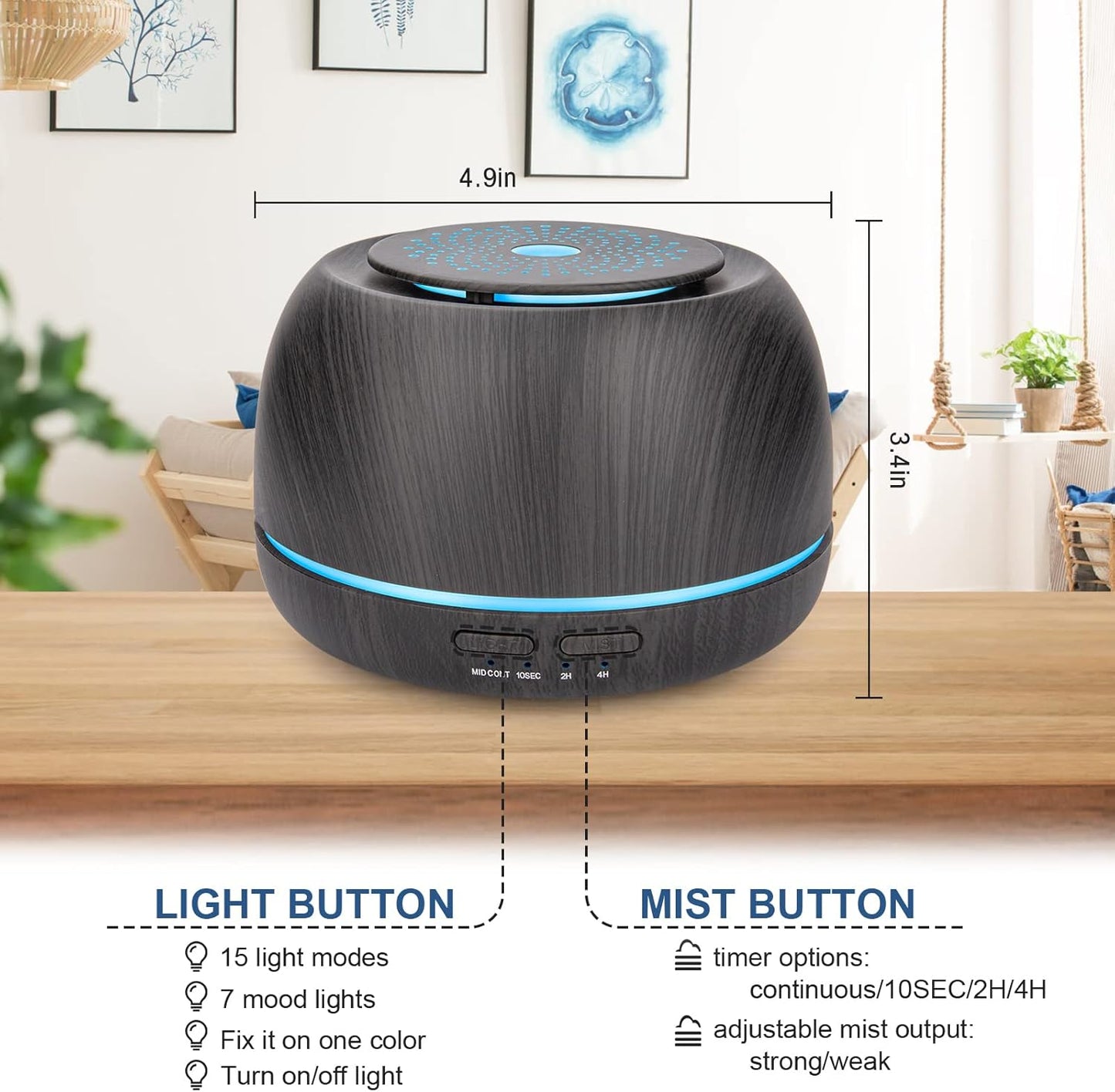 300ML Aroma Essential Oil Diffuser,8 Hours Wood Grain Cool Mist Aromatherapy Diffuser with Remote Control,USB-C Power Cable,Timer, 7 Color Light Changing Air Humidifier for Home,Bedroom