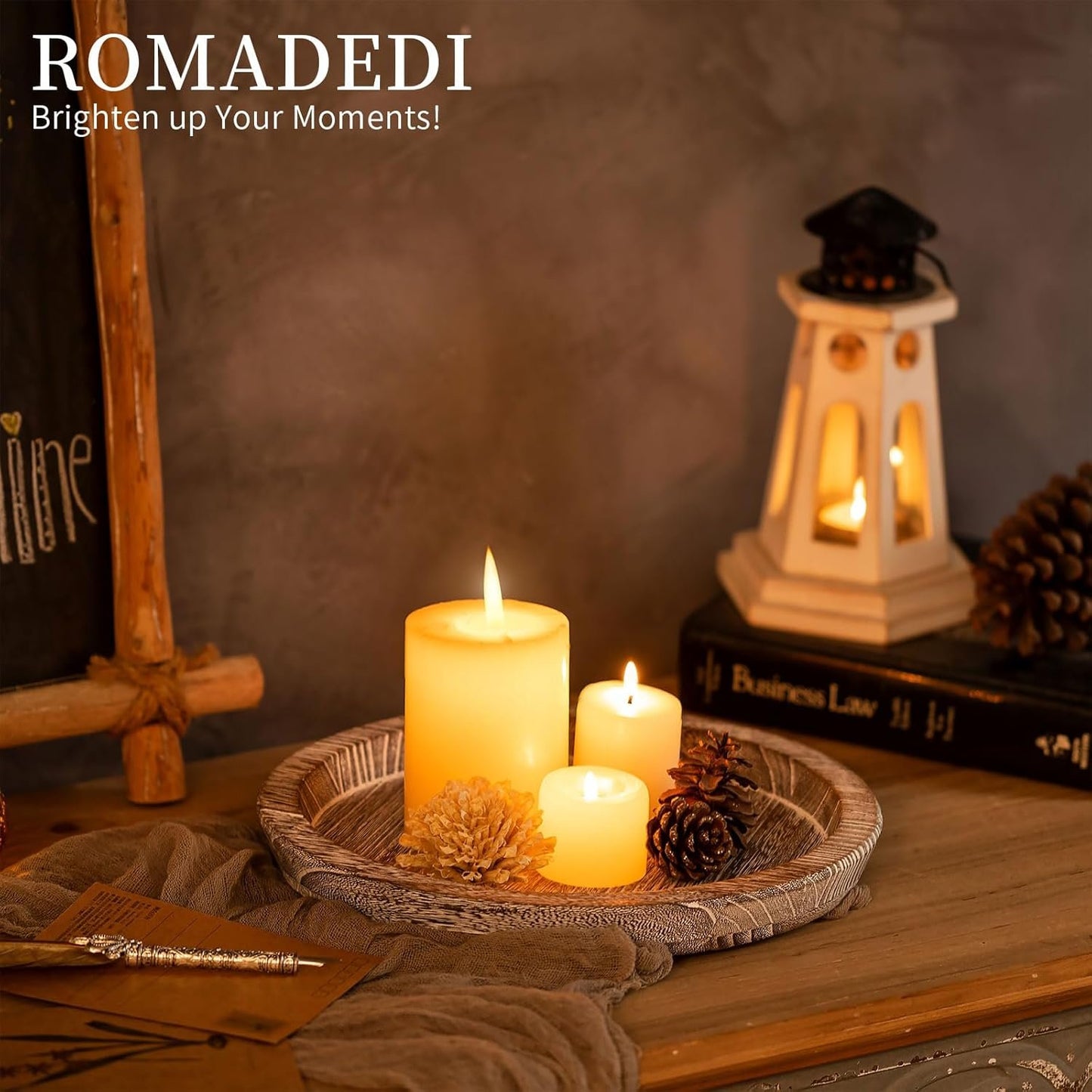 Romadedi Rustic Wooden Tray Candle Holder - Small Decorative Plate Pillar Candle Tray Wood for Farmhouse Dinning Table Kitchen Countertop Coffee Table Organizer Home Decor, Washedwhite,11inch