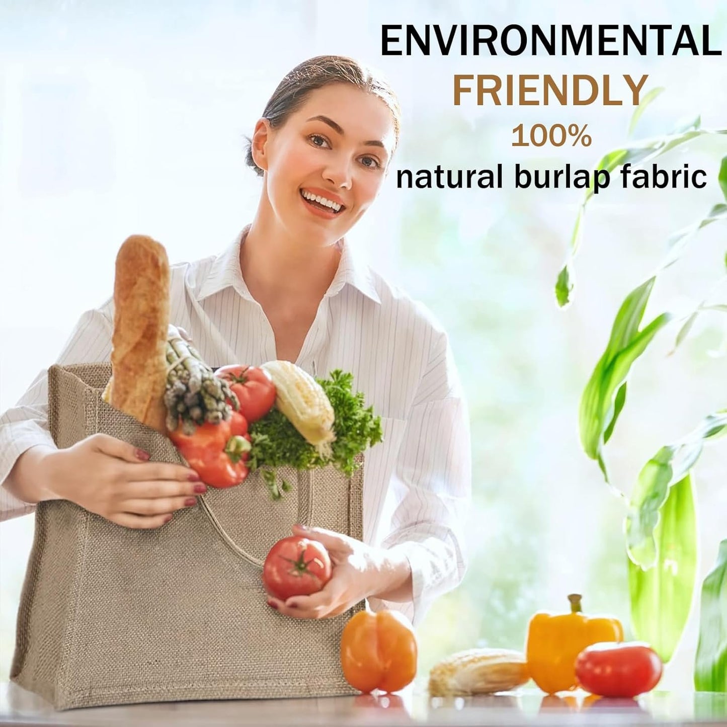 12 Pack Burlap Tote Bag, Reusable Jute Bags with Handles, Large Jute Shopping Canvas Bags Burlap Gift Bags Bulk Kitchen Reusable Grocery Bags for Women Wedding DIY Art Crafts, 16 x 12 x 7.8 inch