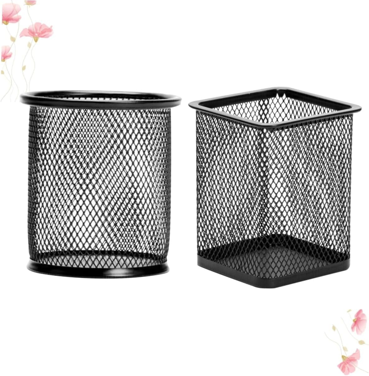Tofficu 2 Pcs Black Iron Mesh Pen Holder Cylinder Cuboid Design for Office Organization Stylish Desk Storage for Home School and Workspaces