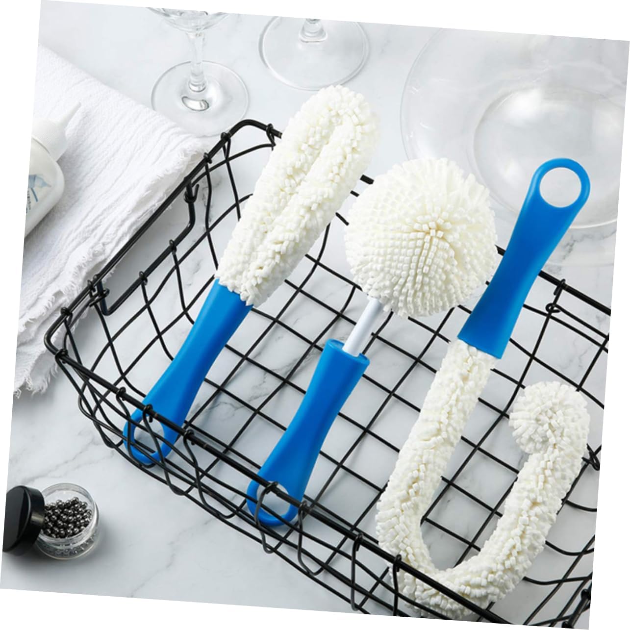 FOMIYES 3 Pcs Glassware Cleaning Tools for Wine Glasses Decanters Blue Bendable Brushes for Hard to Reach Stains Durable Kitchen Home Cleaning Essentials
