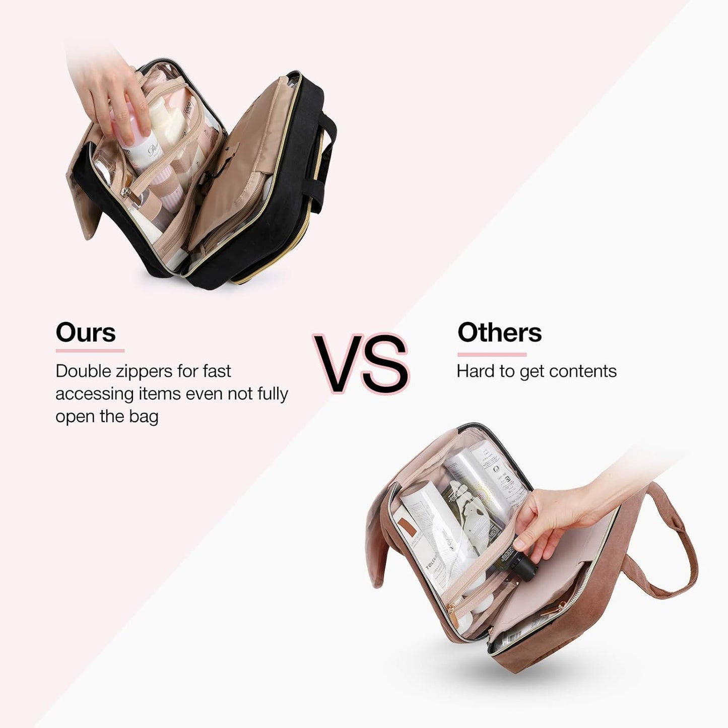 Toiletry Bag, Bagsmart Hanging Travel Makeup Organizer with TSA Approved Transparent, Cosmetic Bag Makeup Bag for Full Sized Toiletries