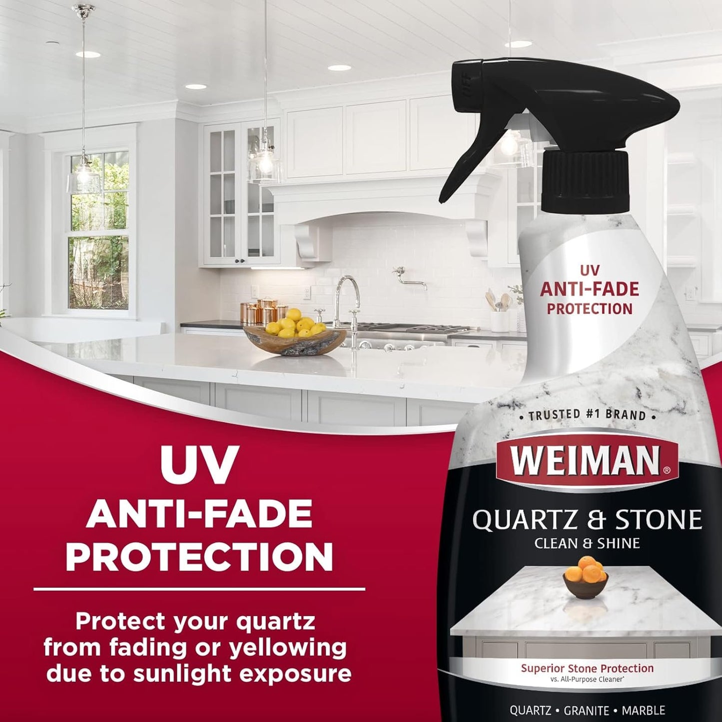 Weiman Quartz Countertop Cleaner and Polish - 24 Ounce (2 Pack) with Microfiber Towel Included - Clean and Shine Quartz Countertops Islands and Stone Surfaces, UV Protection, Orange Citrus Scent