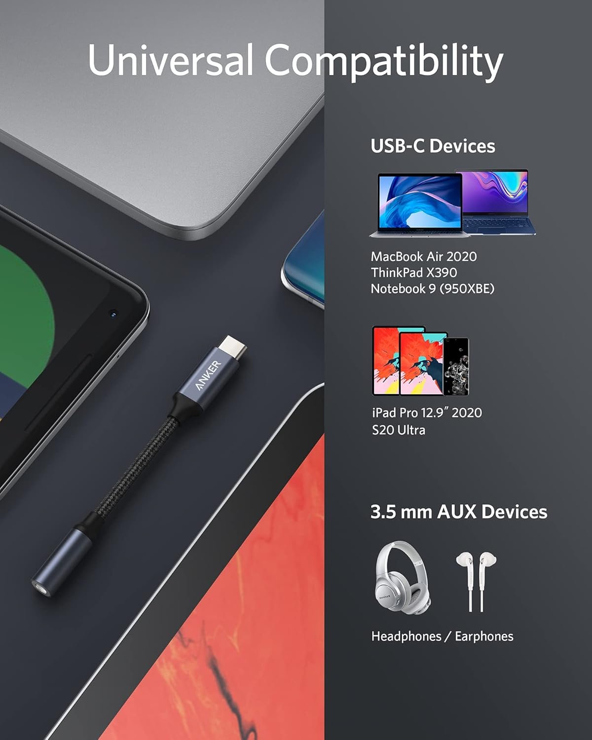 Anker USB C to 3.5mm Audio Adapter, Male to Female Nylon Cable for Samsung S20/S20+/S20 Ultra, Pixel 4/ + 4XL, and More Type C Devices
