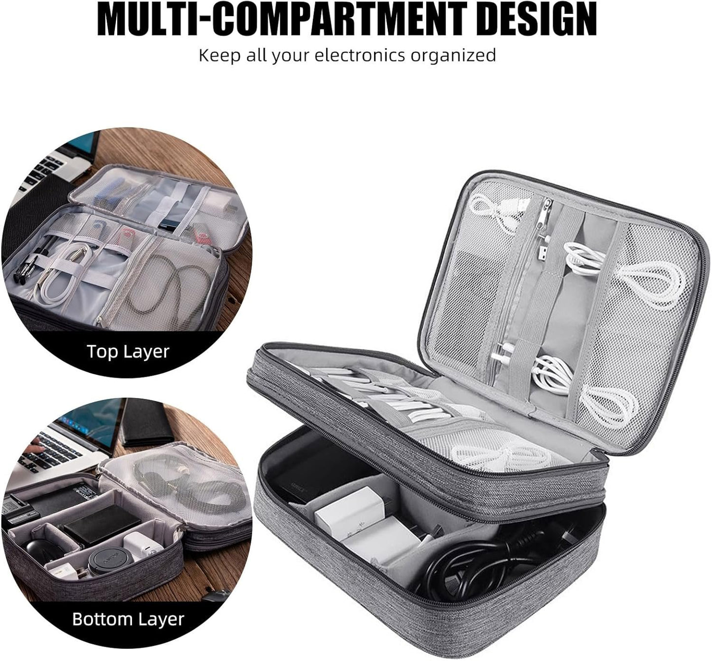 Portable Double-Layer Electronic Accessory Bag Sorting Bag - Waterproof Digital Storage Bag for Travel, Oxford Cloth Material, Large Capacity with Detachable Partition (Black + Blue)