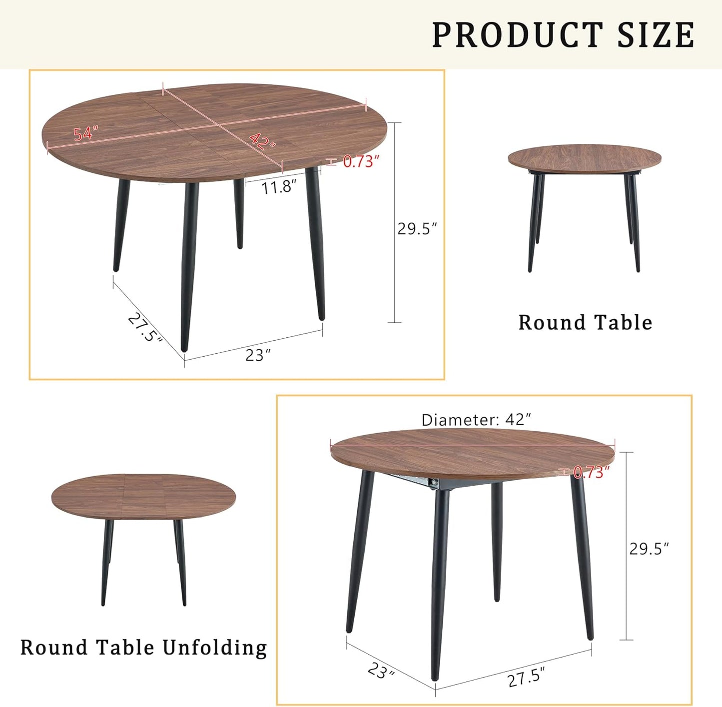 FURNITO 42"-54" Extendable Round Dining Room Table for 4 6 People, Wooden Kitchen Tabletop with Metal Legs, Space Saving Modern Dining Table for Small Space, Easy to Assemble, Walnut