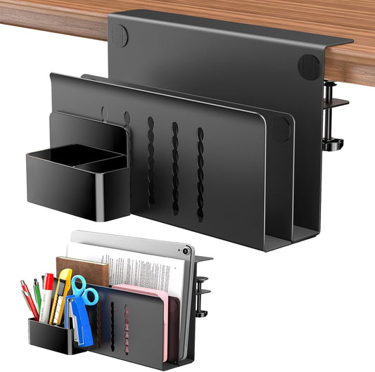 Desk Side Storage, 2 Tier Steel Hanging Desk Organizer with Magnetic Pen Holder, No Drilling Standing Desk Drawer Cable Management Tray, Under Desk Laptop Holder for Office, School, Home (Black)