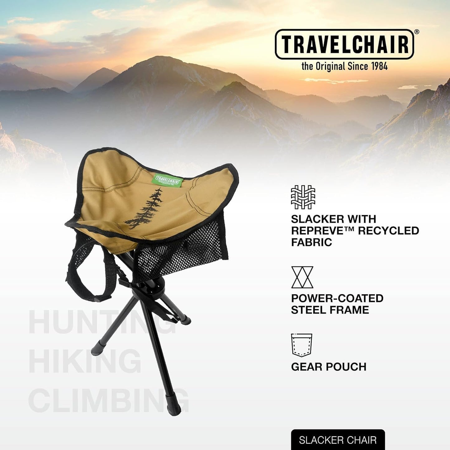 Travel Chair Slacker Tripod Chair for Camping, Lightweight Chair, Adjustable Carry Strap for Easy Transport Made with Recycled Fabric Perfect for Outdoor Adventures, Repreve (Brown/Khaki)