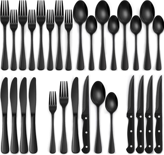 24-Piece Black Silverware Set with Steak Knives, Black Flatware Set for 4, Food-Grade Stainless Steel Tableware Cutlery Set, Mirror Finished Utensil Sets for Home Restaurant (Black)