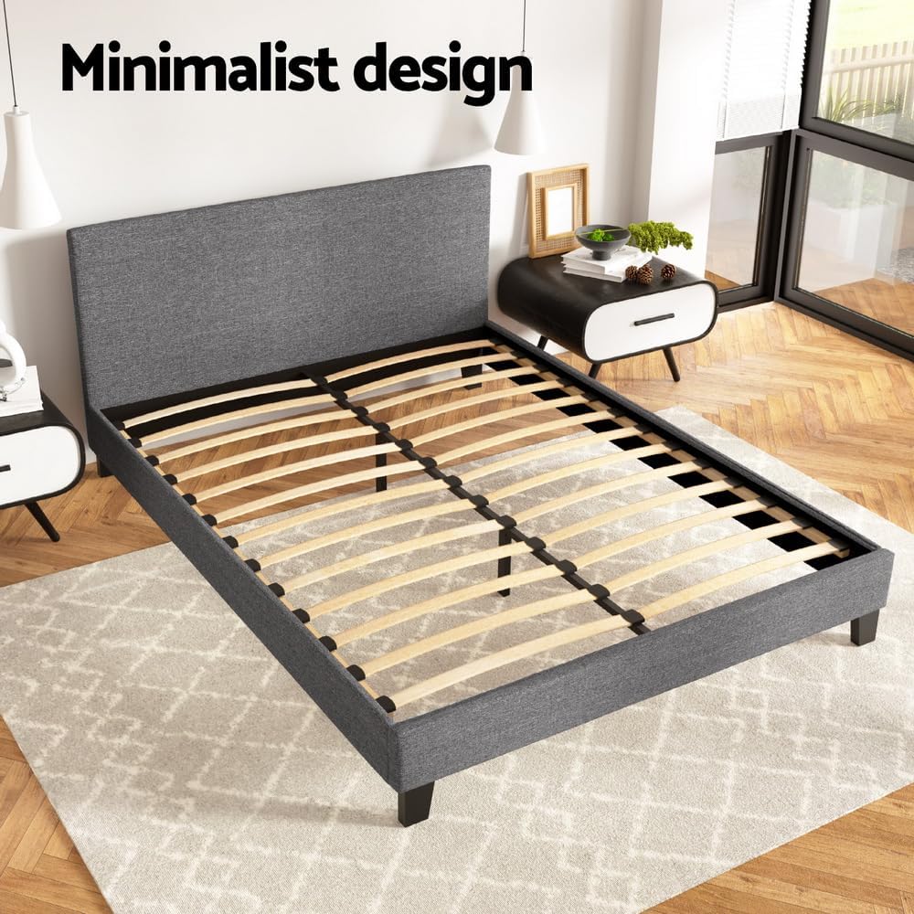 Artiss Queen Bed Frame Platform Wooden Headboard Beds Base Frames Bedroom Room Decor Home Furniture, Upholstered with Grey Faux Linen Fabric + Foam + Wood, Modern Design