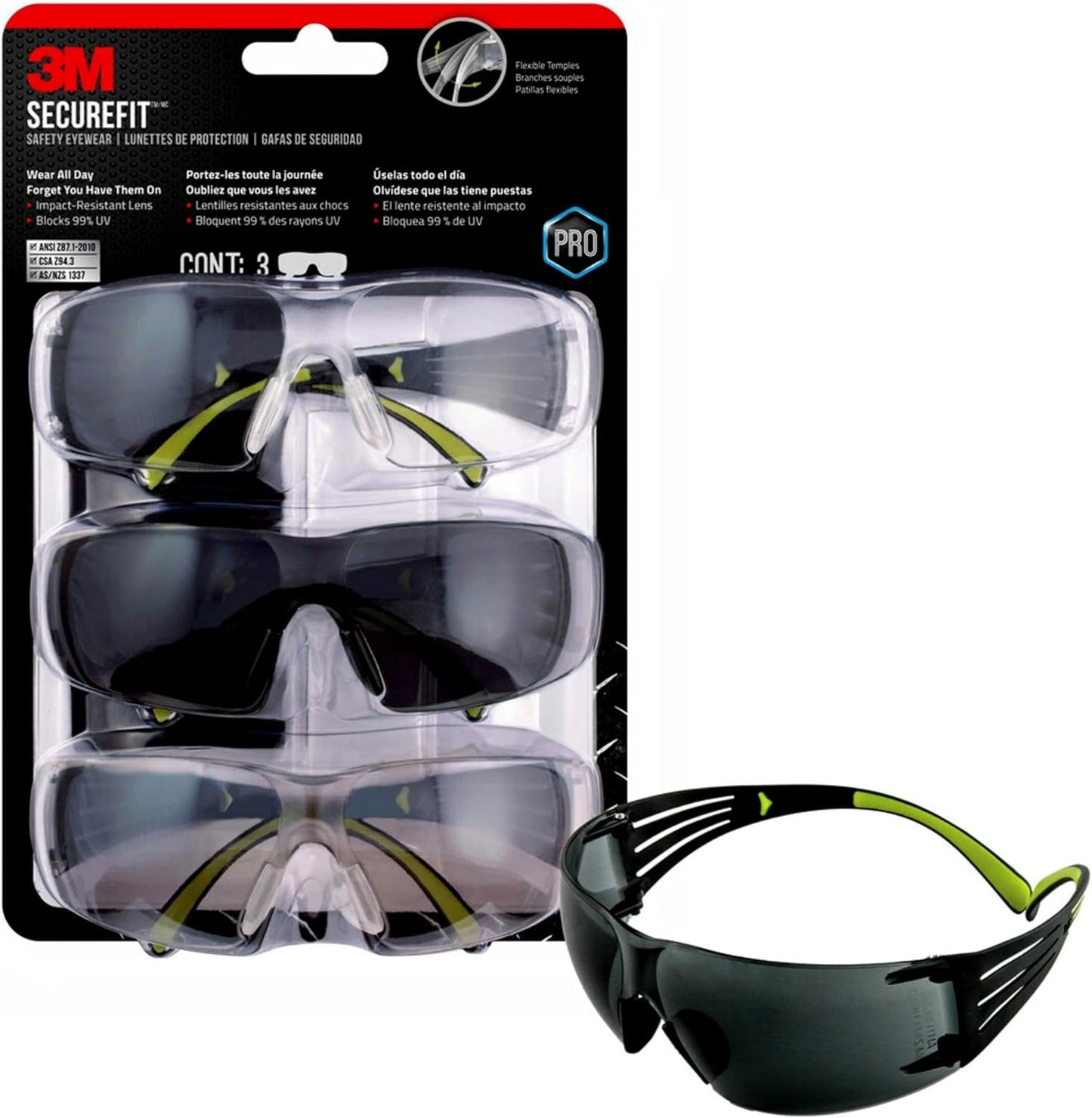 3M Pro SecureFit 400 Eye Protection Safety Glasses, Black Frame and 3 Lens Styles, Anti-fog, 3 Pairs - SF400-W-3PK-PS