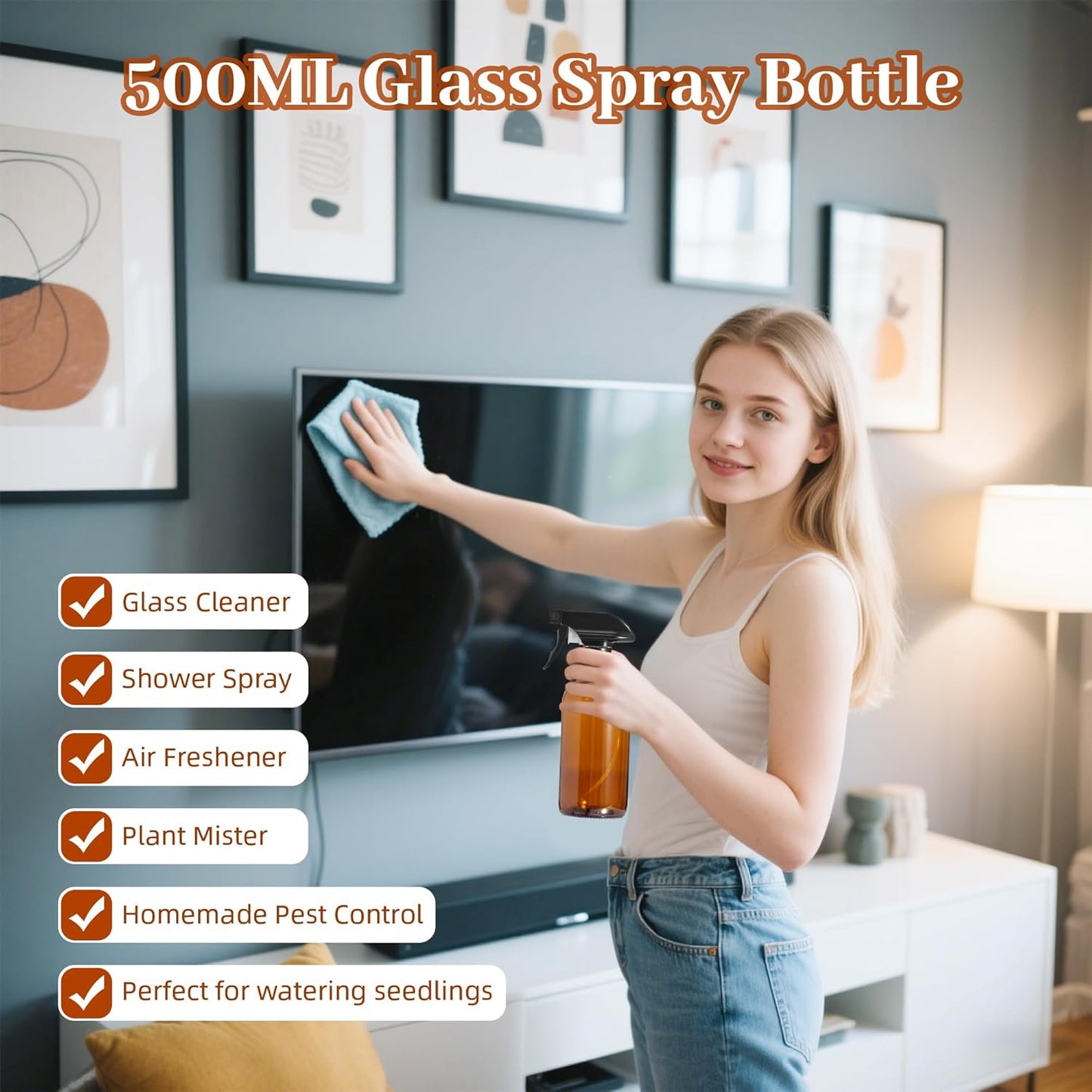 Kuleyng 500ml Amber Glass Spray Bottles – Pack of 4 | Refillable Empty Sprayers with Adjustable Nozzle for Cleaning, Plants, Essential Oils & Hair Care | UV Protection for Sensitive Liquids