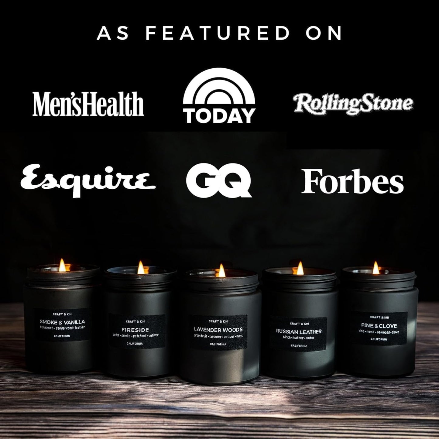 Craft & Kin Scented Black Candles for Men | Fathers Day Gift for Dad | Premium Smoke & Vanilla Spring Scented Candles | Long Lasting with 45 Hour Burn Time, 7.6oz