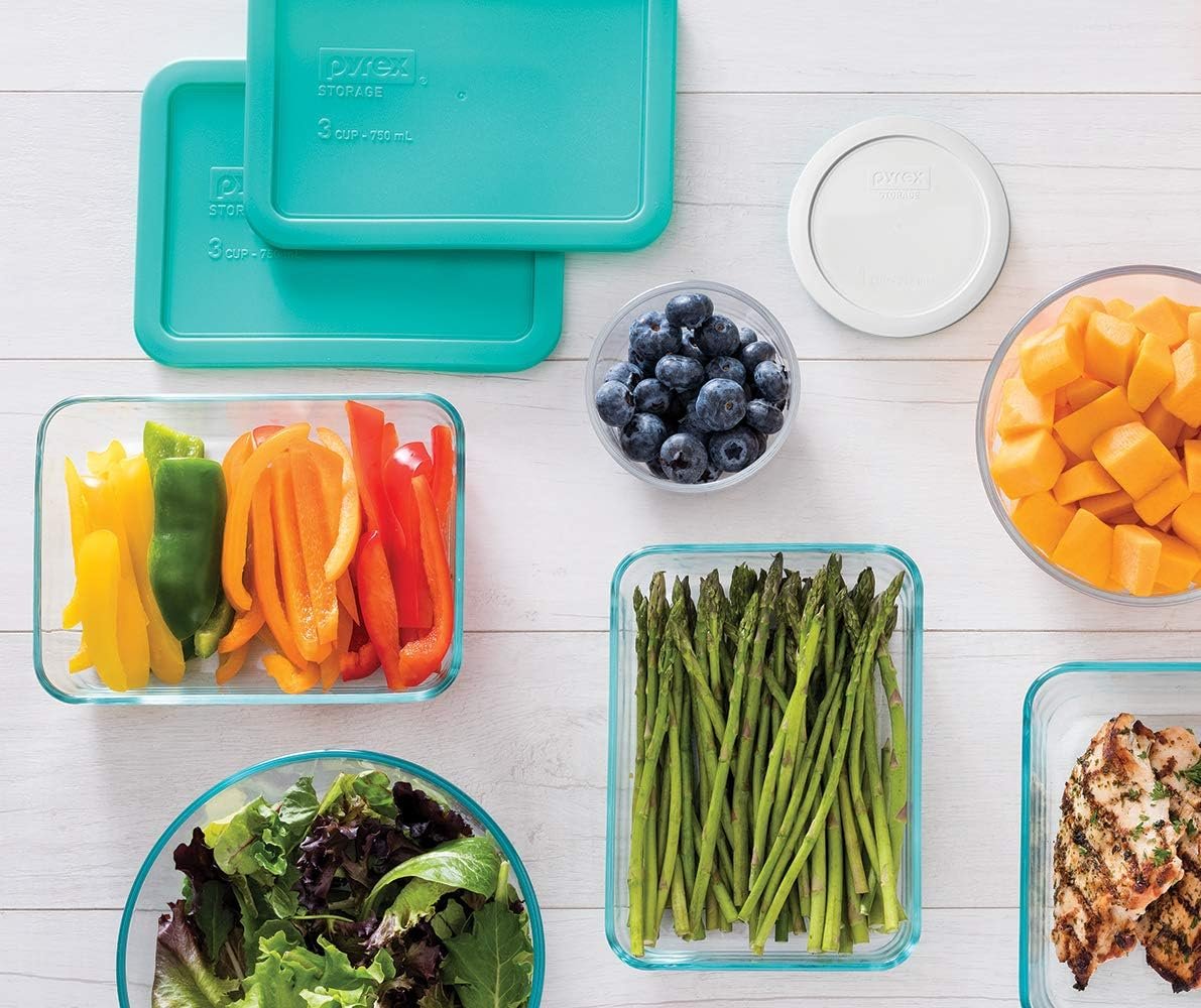 Pyrex 1128223 Simply Store Glass Food Containers with BPA Free Plastic Multi-Coloured Lids, (18-Piece set)