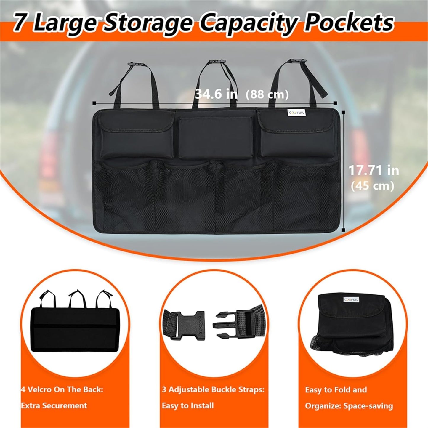 COOFULL Car Trunk Organizer - Car Accessories Interior Super Capacity Vehicle Back Seat Storage Bag, Auto Trunk Tidy Organizers with 7 Enlarged Pockets