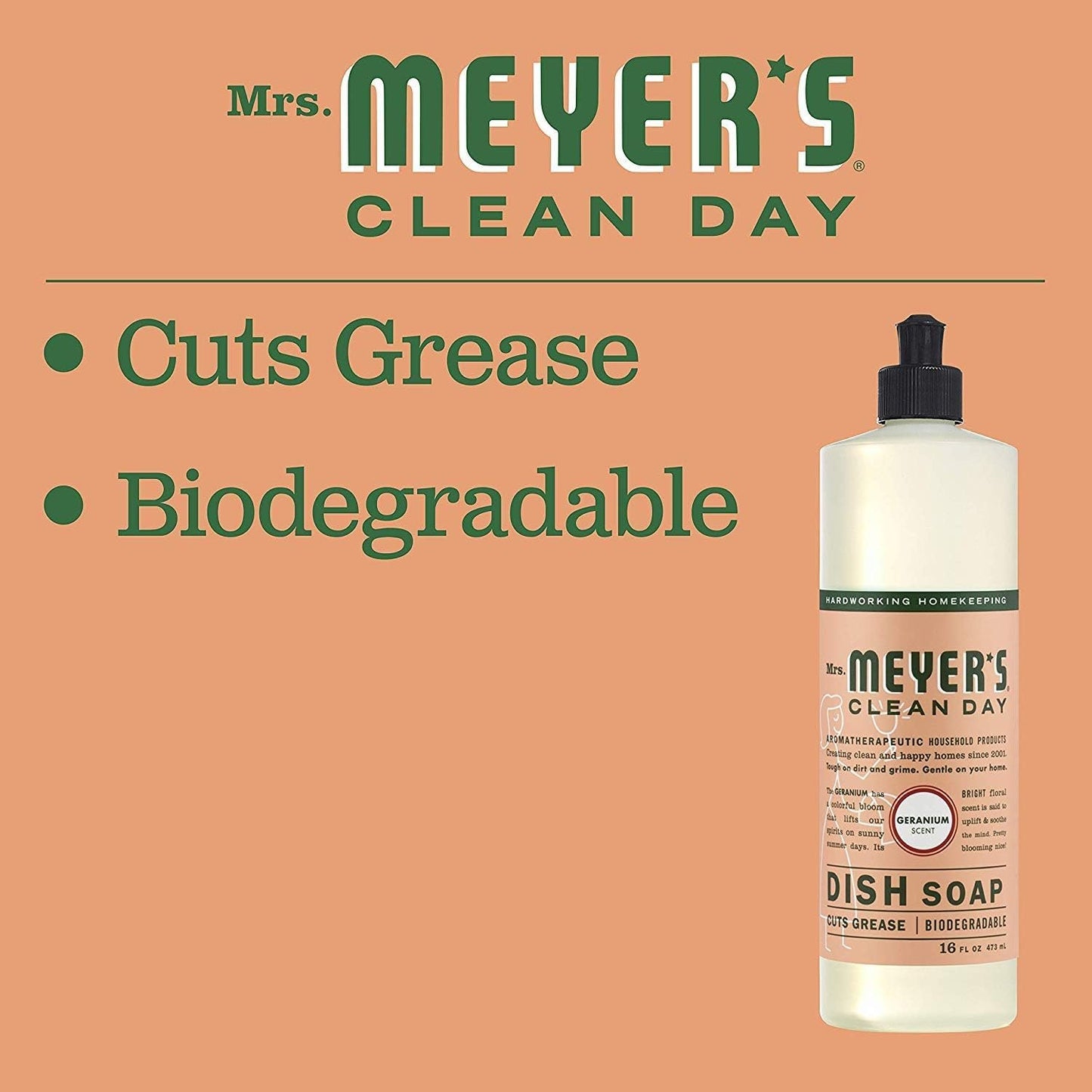 Mrs. Meyer's Clean Day Dish Soap, Cruelty Free and Biodegradable Dishwashing Liquid, Geranium Scent, 473 ml Bottle