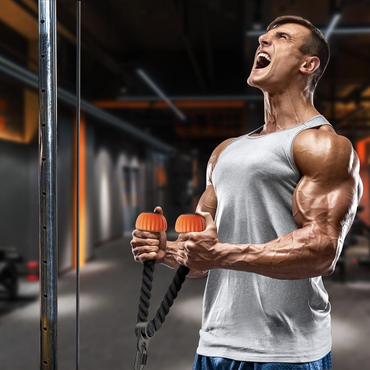 SELEWARE Triceps Rope with Non-Slip Soft Rubber Ends Home Gym Cable Attachment Workout Accessories 28 & 36 inches Long LAT Pulldown Attachment Black and Orange