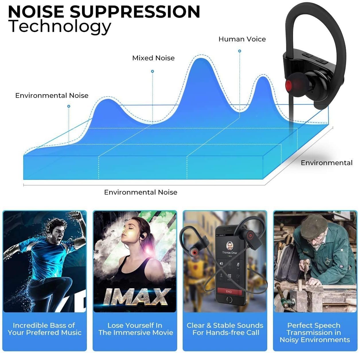 Newest Bluetooth Headphones Best Mic Wireless Sport Earphones HiFi Bass Stereo IPX7 Waterproof in-Ear Earbuds Headset with Noise Canceling for Workout Running Gym 7 Hours Playing Time