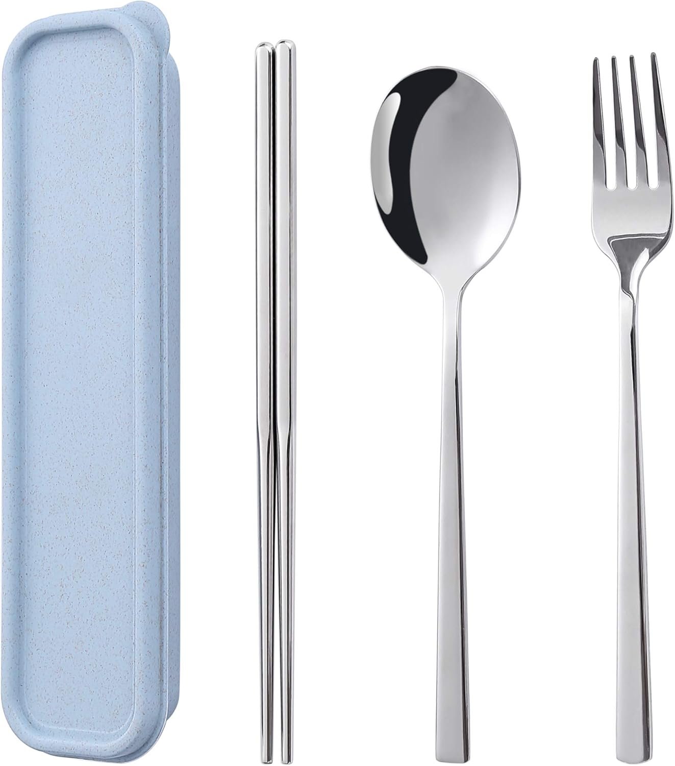 Sunwinc 3 Pcs Camping Silverware,Stainless Steel Travel Outdoor Flatware Set Chopsticks Spoon Fork/Portable Travel Work Utensils Cutlery Set with a Wheat Straw Case