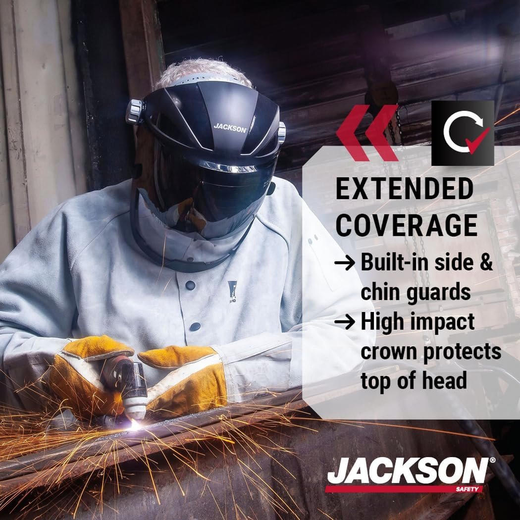 Jack Safety 14230 Quad 500 Premium Multi-Purpose Face Shield/Face Guard; Ratcheting Headgear, Clear Tint, Anti-Fog Coating, Visor Face Protection with 5 IR Rated Flipshade