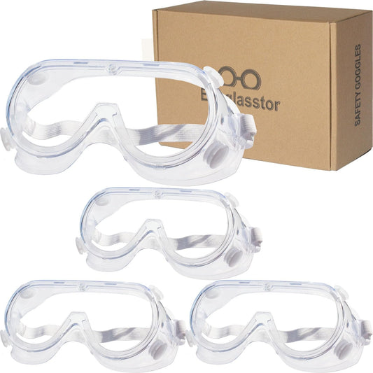 Eyeglasstor 4 Pack Protective Safety Goggle for lab chemistry soft lightweight goggles over prescription glasses Anti-Splash worker construction Eye protection Science Onion Cutting and More White
