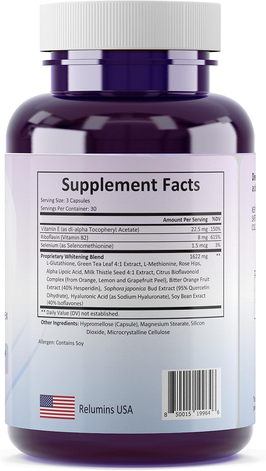 Relumins 1650mg L-Glutathione Complex with Hyaluronic Acid, Alpha Lipoic Acid, Rose HIPS, Vitamin E & Riboflavin – Antioxidant Support, Skin Hydration & Wellness – 90 Veggie Capsules