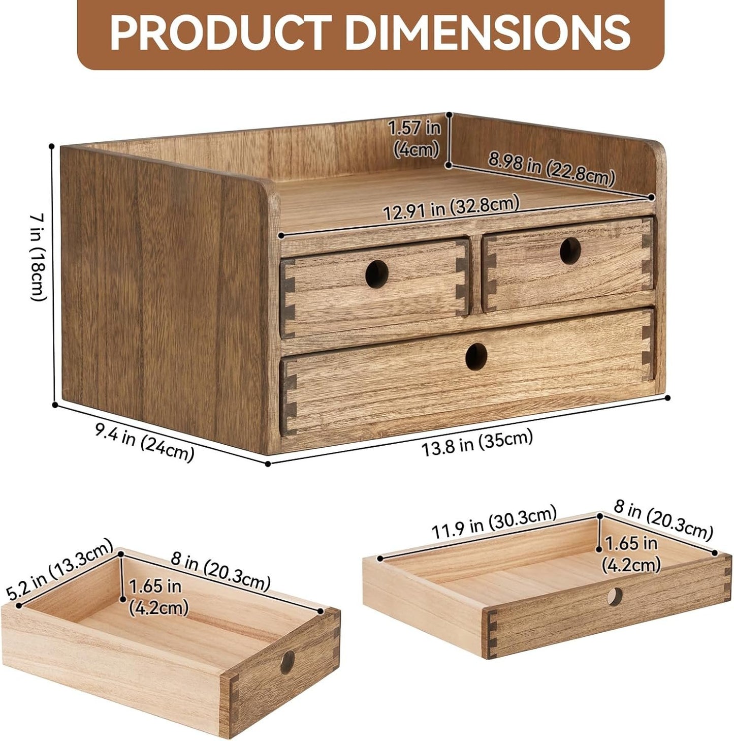 KIRIGEN Desk Organizer with Drawers - Wood Drawer Storage Box with Trays for Tabletop - Workspace Office Toiletries Supplies Tool Caddy - Wooden Storage Cabinet Dark Brown(DT2D3C-DBR)