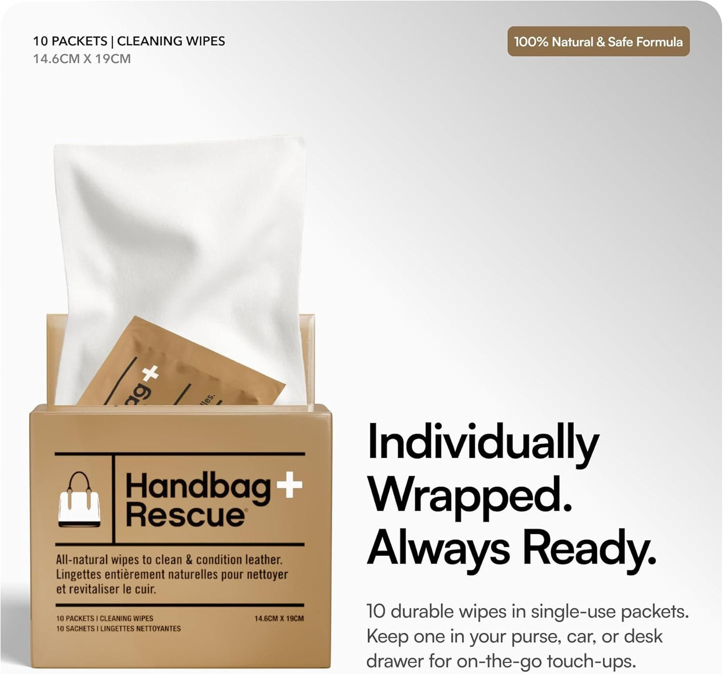 HandBagRescue All-Natural Cleaning Wipes | 10 Individually Wrapped Wipes | Instantly Remove Dirt & Surface Stains & Condition Leather Handbags & Purses with Essential Oils